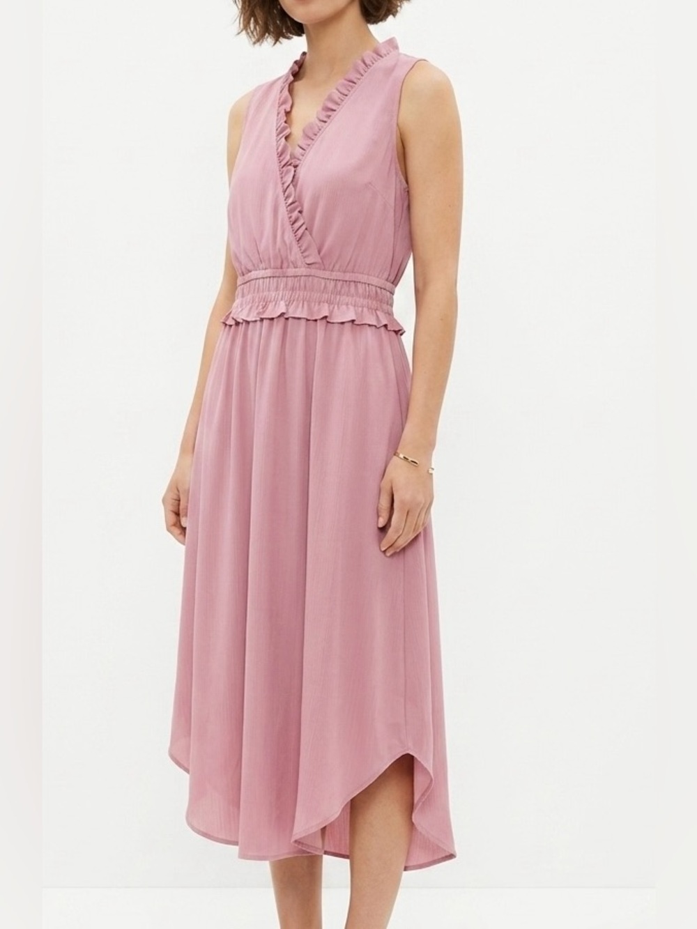 LOFT Pink Ruffle V-Neck Sleeveless Midi Dress Size S